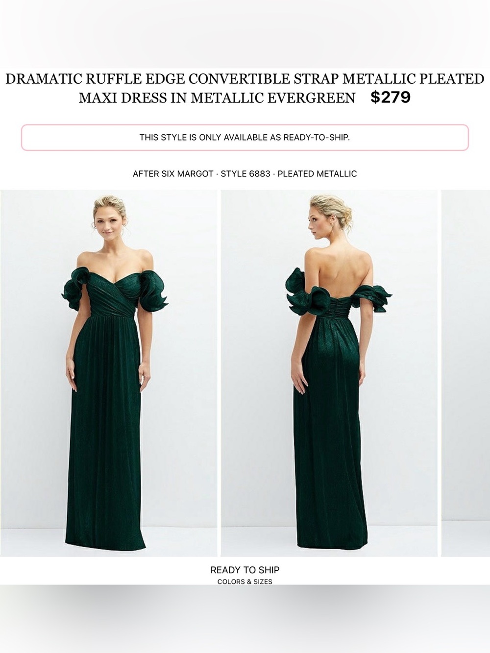 After Six Metallic Evergreen Off-the-Shoulder Ruffle Sleeve Maxi